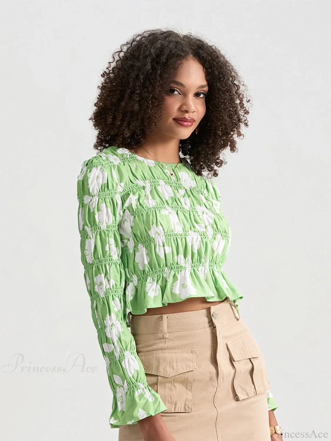 Floral Ruched Boat Neck Long Sleeve Crop T-shirt - Image 2