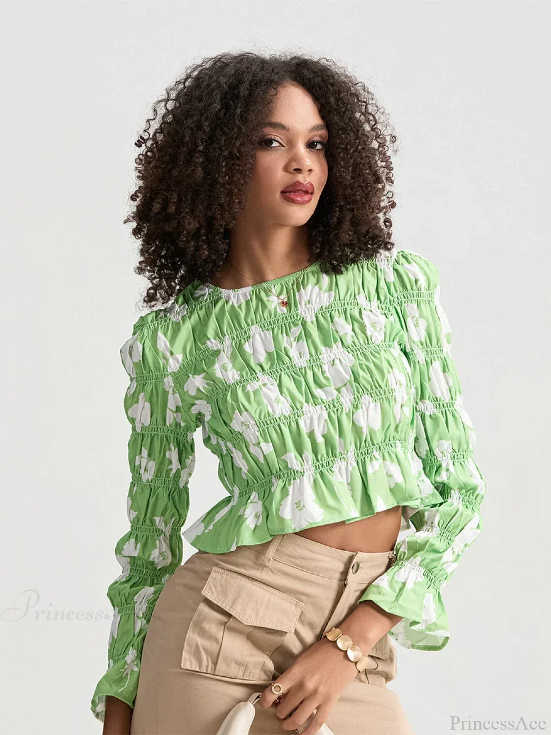 Floral Ruched Boat Neck Long Sleeve Crop T-shirt - Image 4