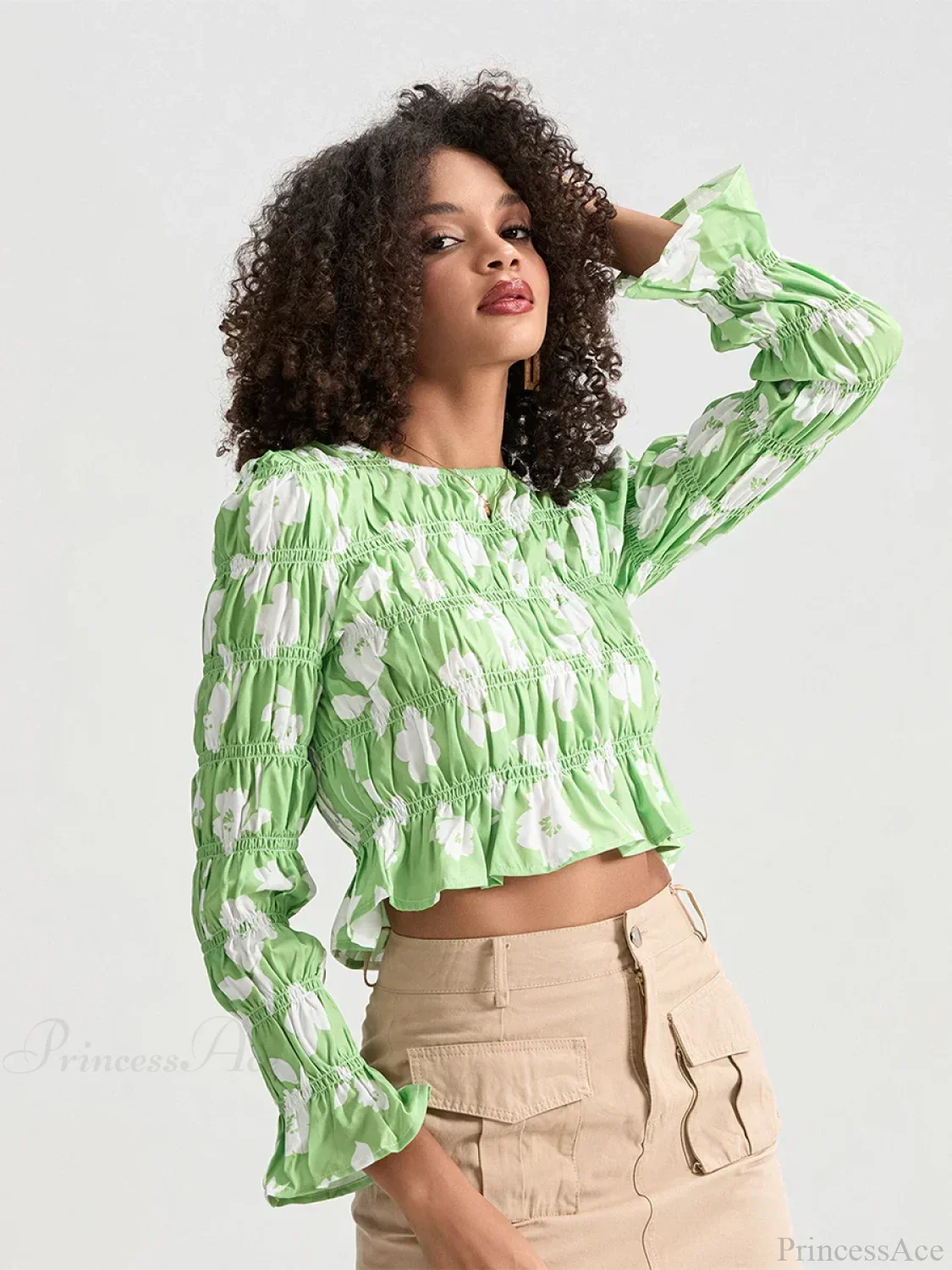 Floral Ruched Boat Neck Long Sleeve Crop T-shirt - Image 5