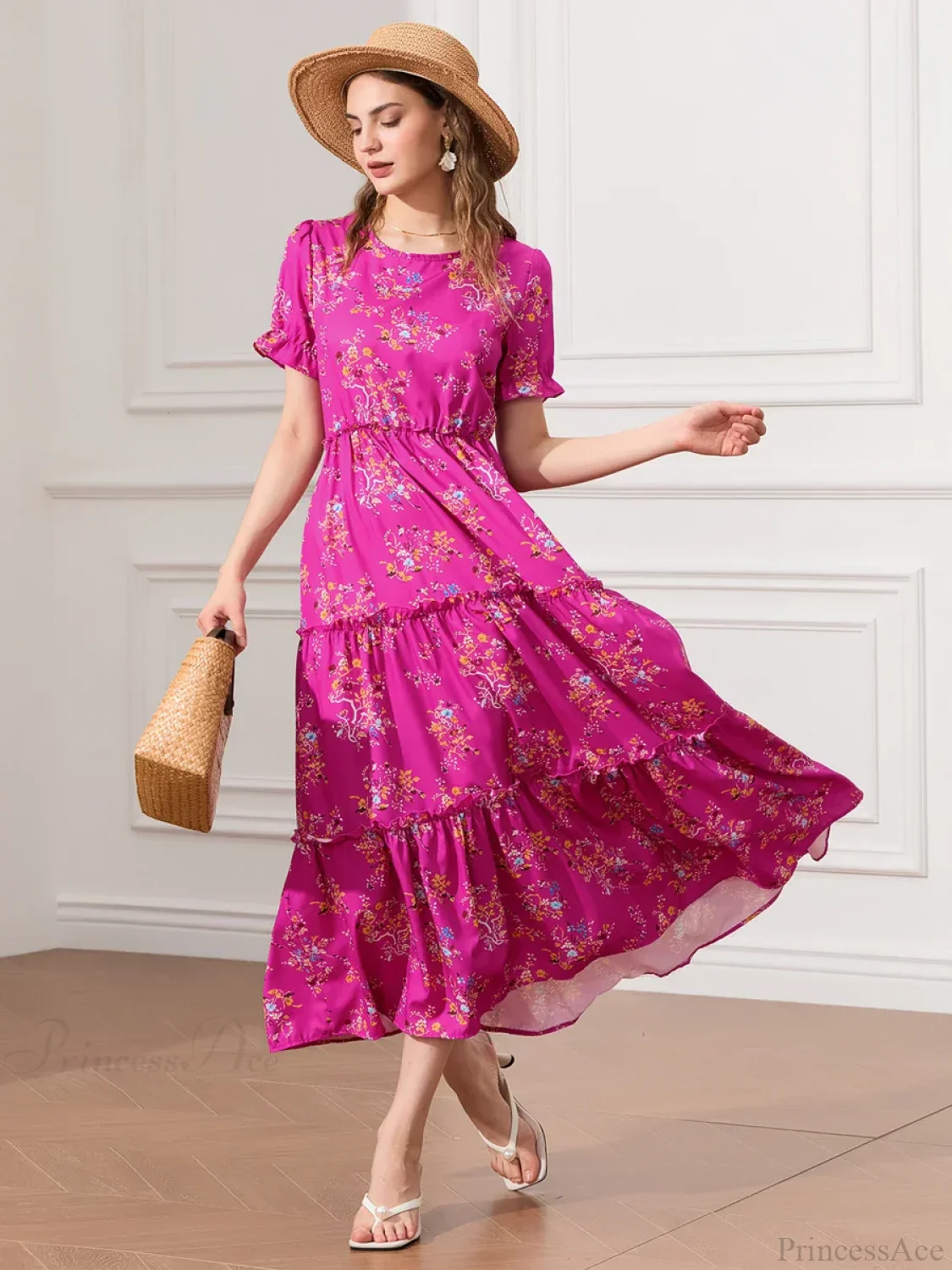 Floral Ruched Tiered Puff Sleeve Pleated Flowy Long Floral Dress - Image 2