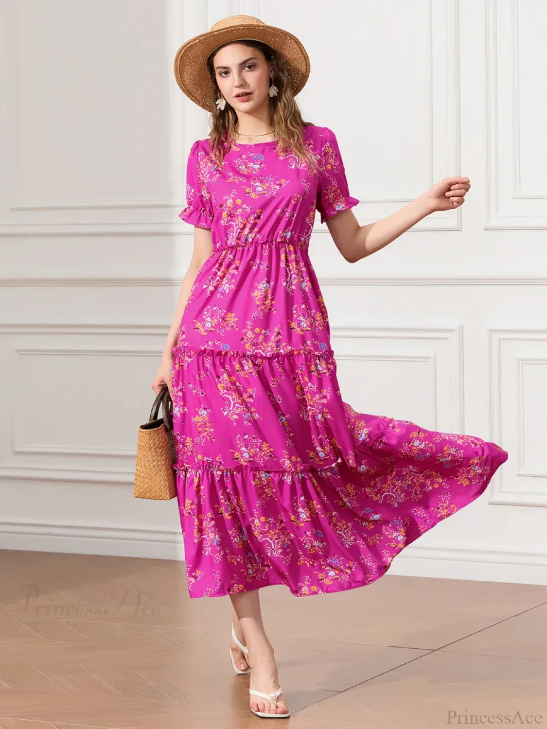 Floral Ruched Tiered Puff Sleeve Pleated Flowy Long Floral Dress - Image 5