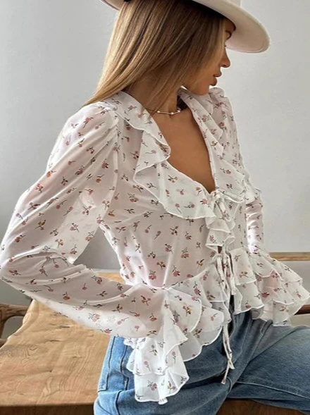 Floral Ruffled V-Neck Slim Fit Blouse - Image 3