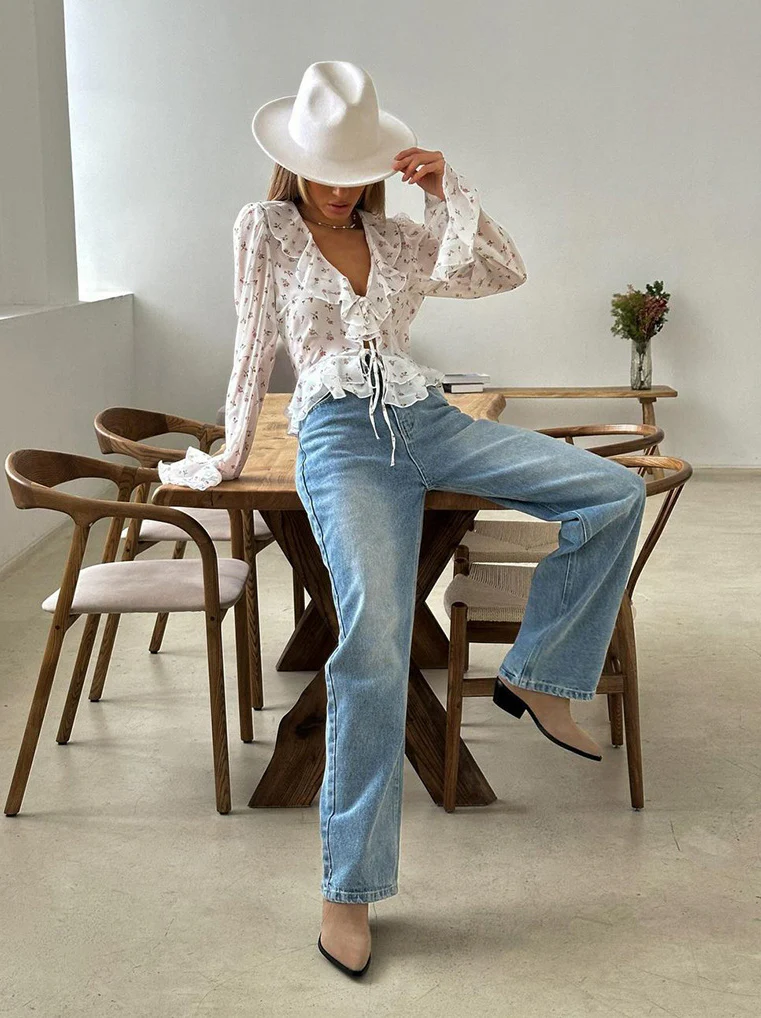 Floral Ruffled V-Neck Slim Fit Blouse - Image 6