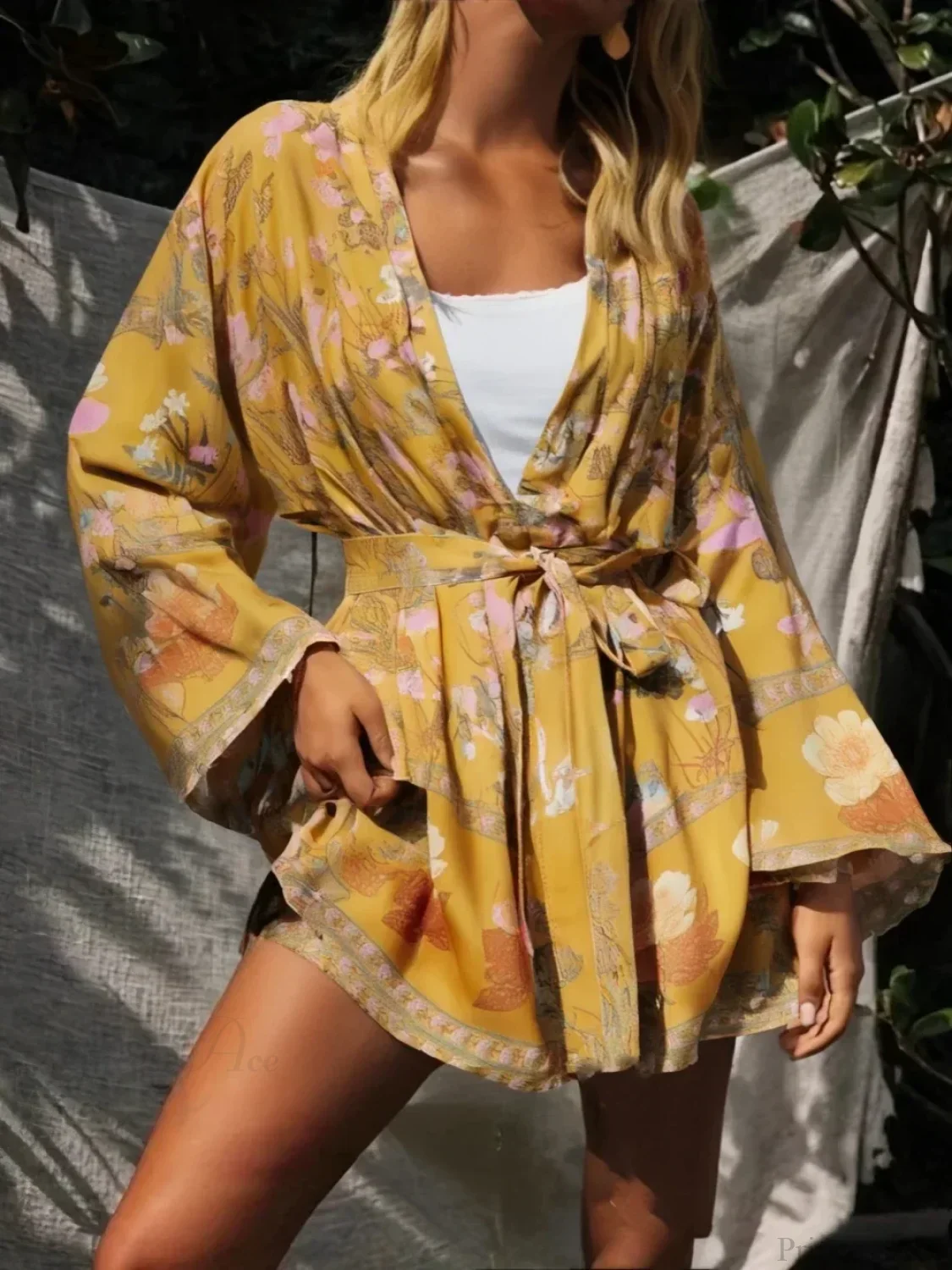 Floral Sashes Bat Sleeve Boho Kimono Dress - Image 2