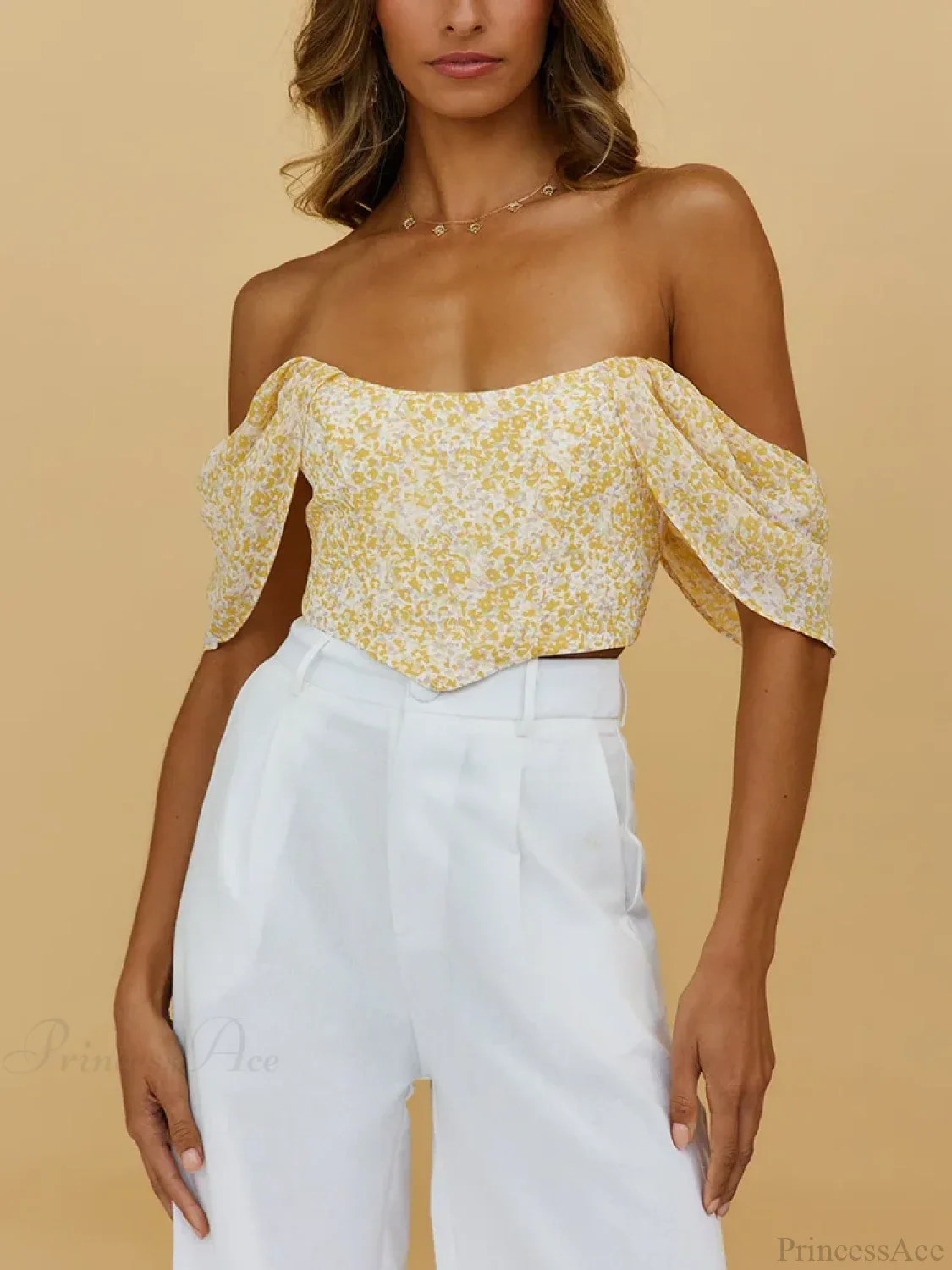 Floral Scooped Neck Off-Shoulder Zipper Back Fitted Crop Top - Image 2