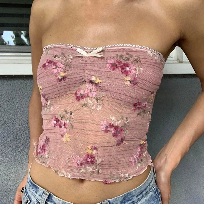 Floral See-Through Tube Crop Top - Image 4