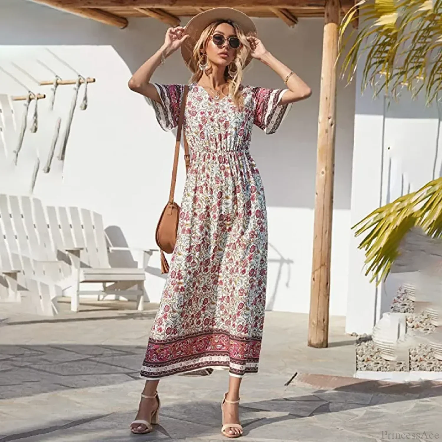Floral Short Sleeve Beach Boho Dress - Image 3
