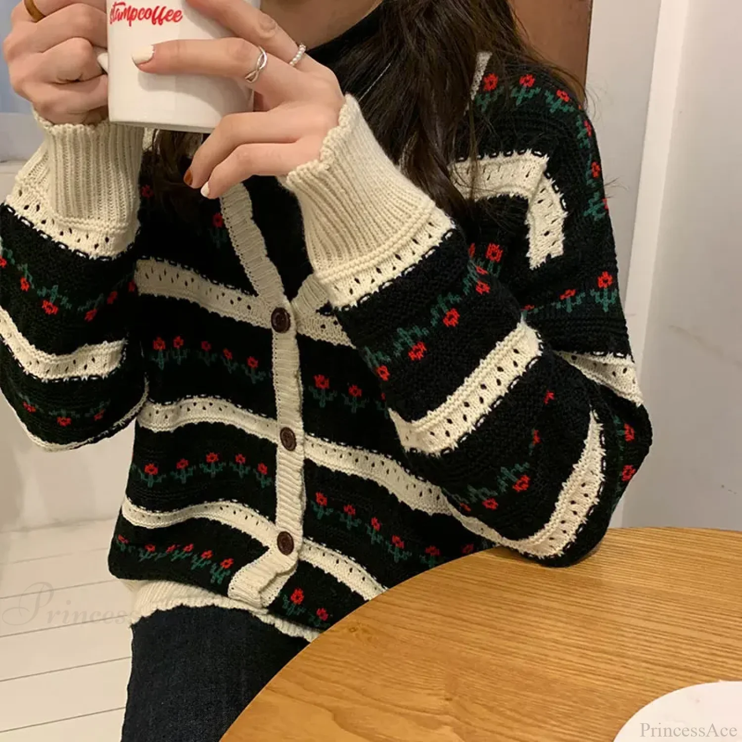 Floral Striped Textured Button Front Cardigan - Image 4