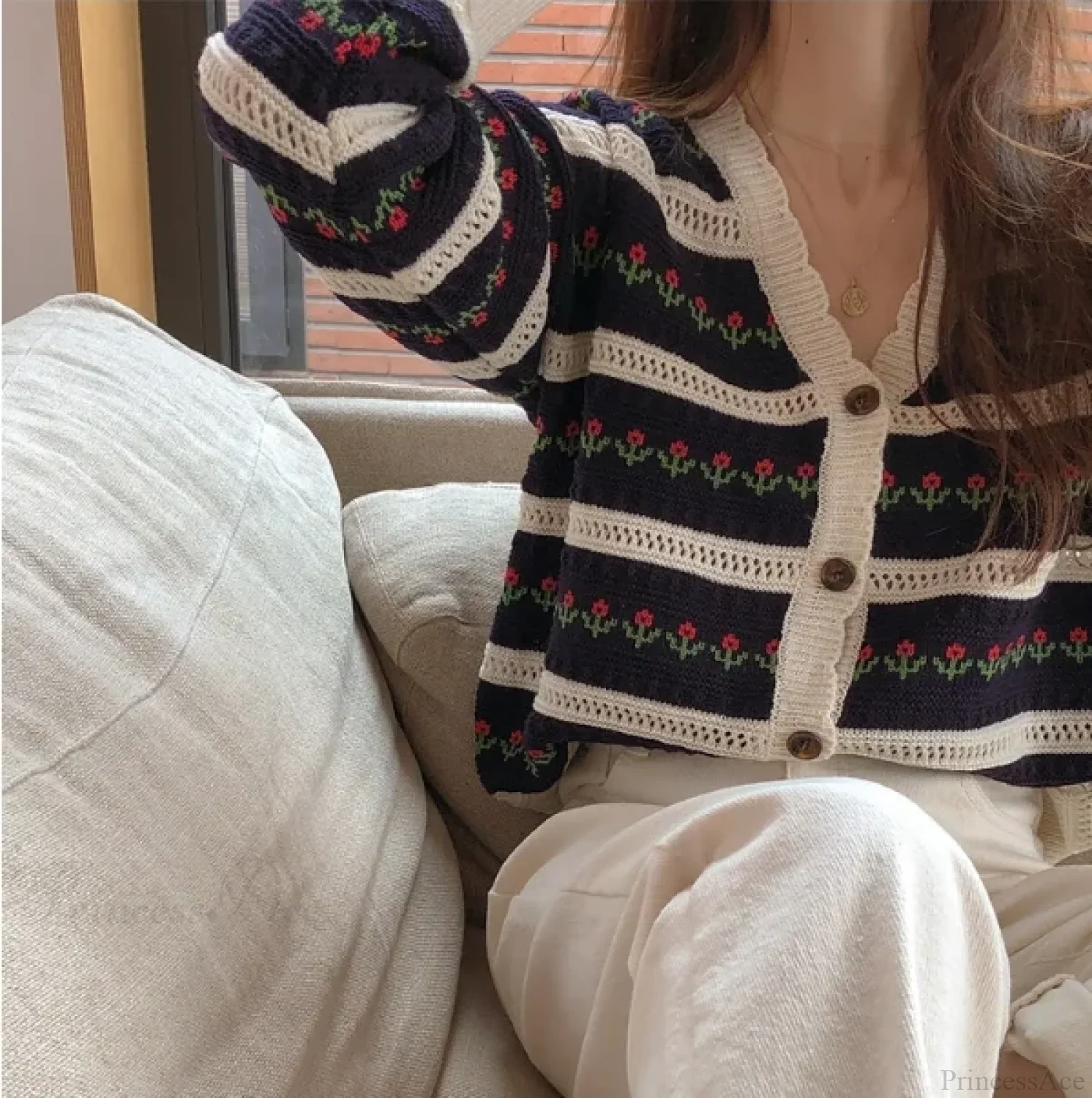 Floral Striped Textured Button Front Cardigan - Image 5