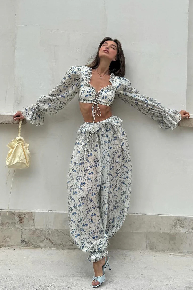 Floral Tie Front Square Neck Ruffled Cropped Top Low Waist Jogger Pants Two Piece Set - Image 2