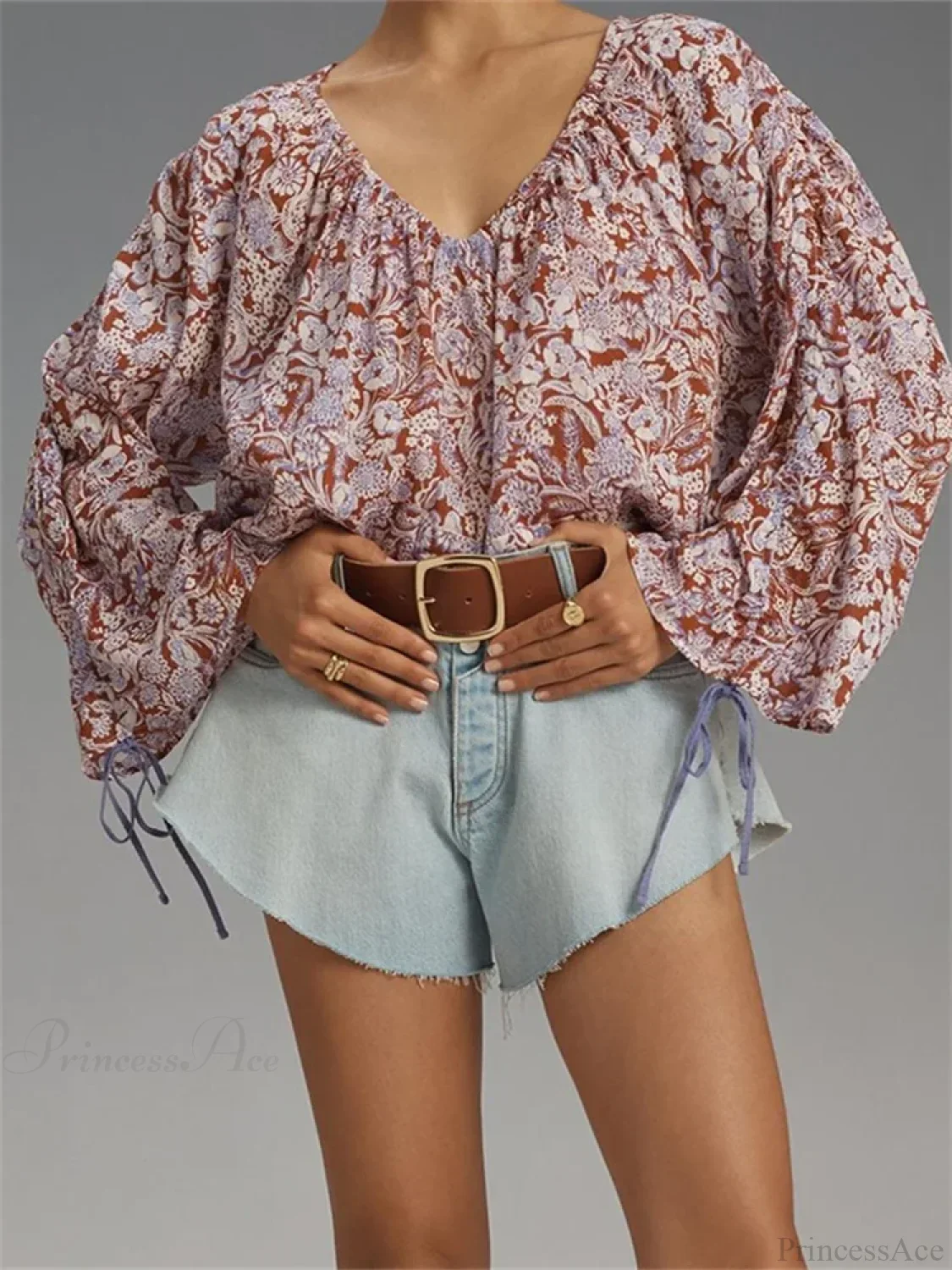 Floral Tie-Up Flare Sleeve Boho Blouse - Image 2