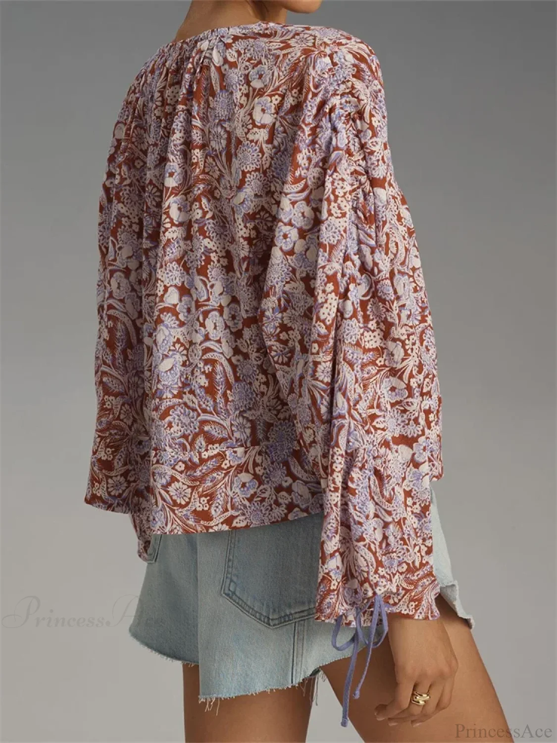 Floral Tie-Up Flare Sleeve Boho Blouse - Image 3