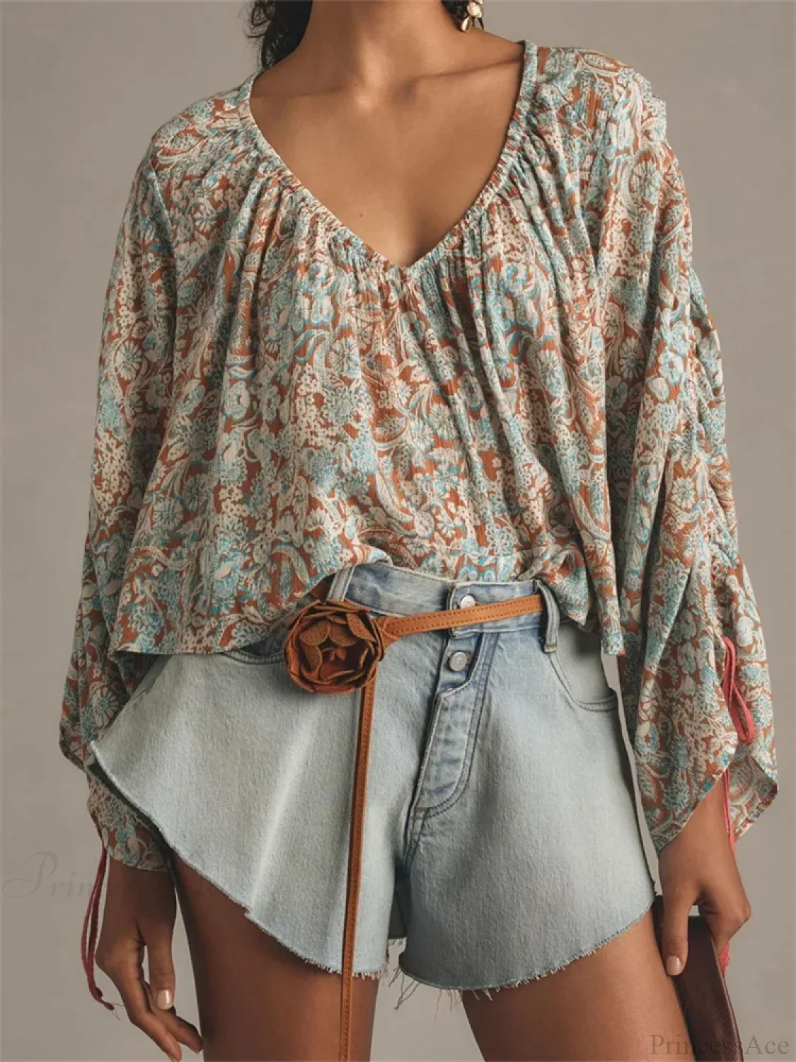 Floral Tie-Up Flare Sleeve Boho Blouse - Image 4