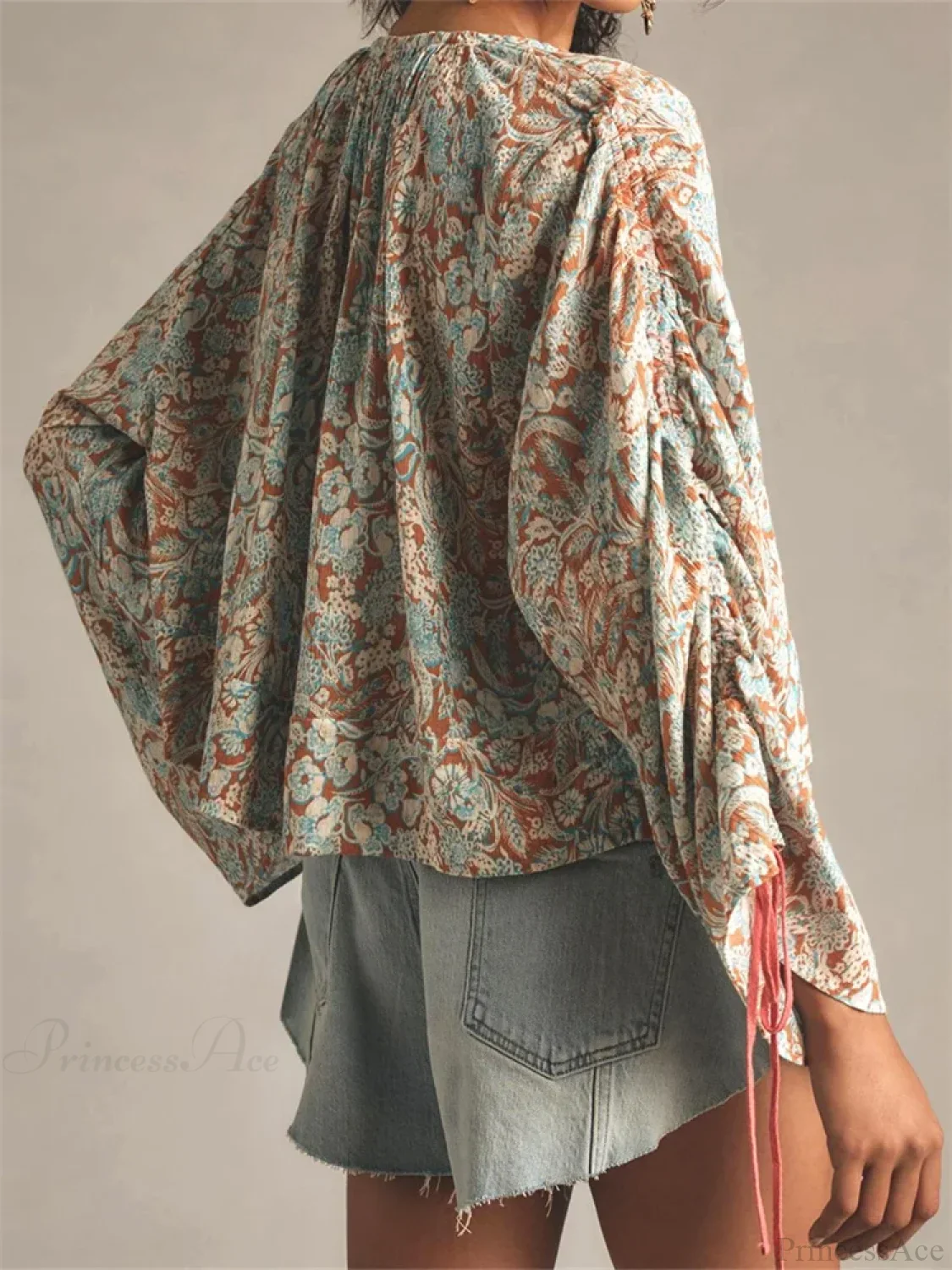 Floral Tie-Up Flare Sleeve Boho Blouse - Image 6