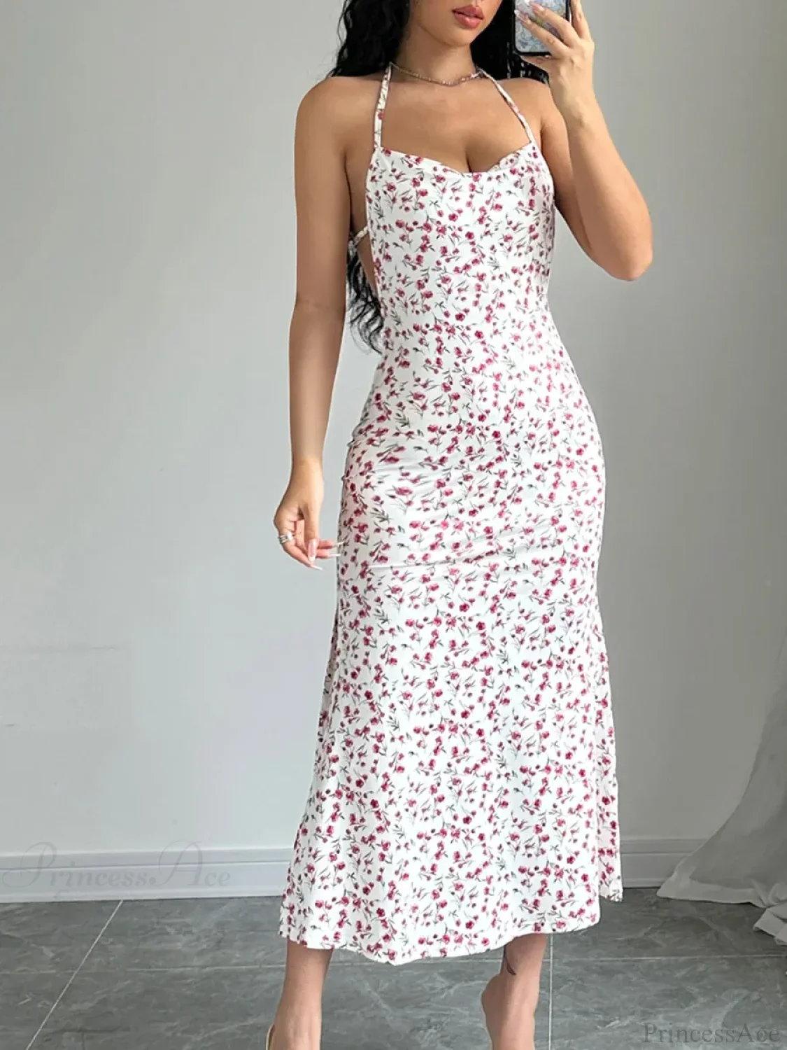 Floral Tied Backless Halter Split Floral Dress - Image 5