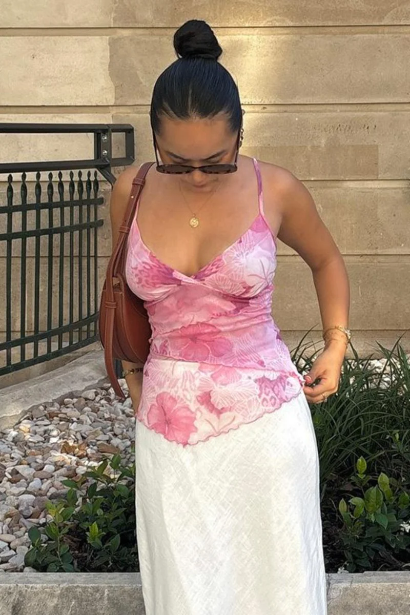 Floral Trim Chiffon Waist Cinched Padded Cami Top - Image 4