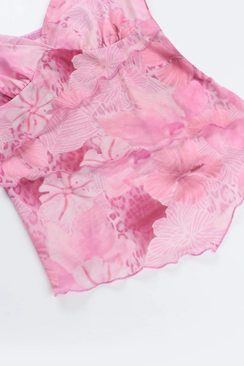 Floral Trim Chiffon Waist Cinched Padded Cami Top - Image 5