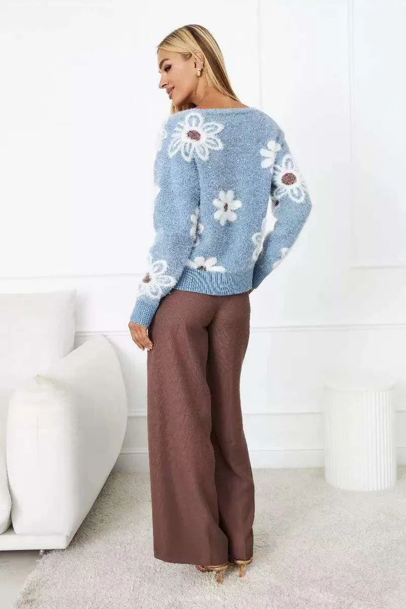 Floral V-Neck Knit Long Sleeves Cardigan - Image 5