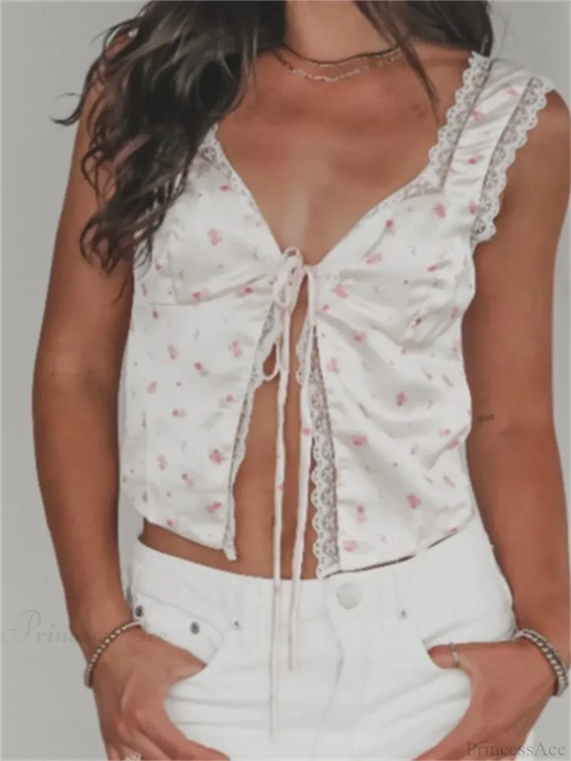 Floral V-neck Lace Trim Tie-up Tank Crop Top - Image 2