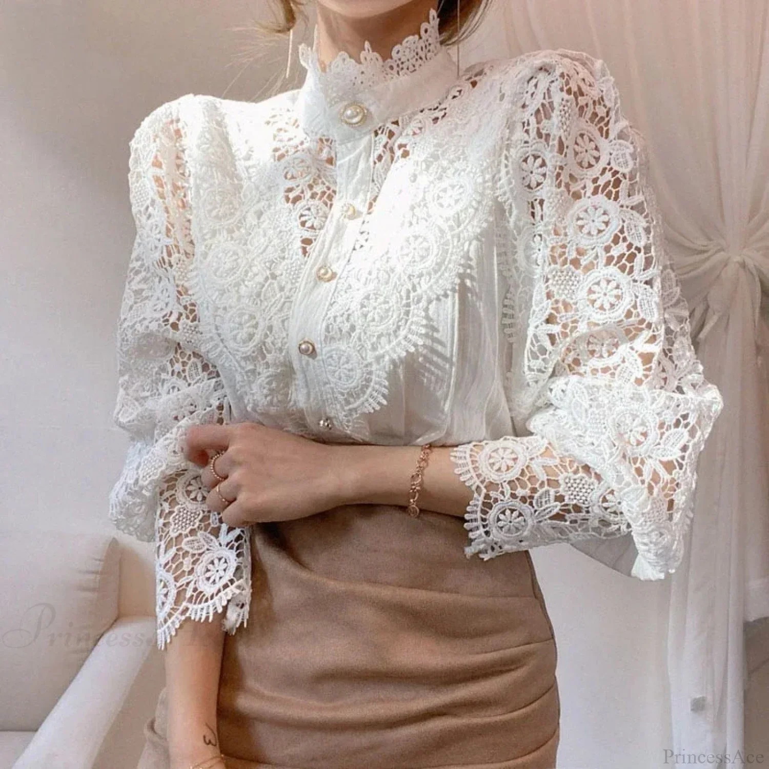 Flower Lace Patchwork Petal Sleeve Blouse - Image 4