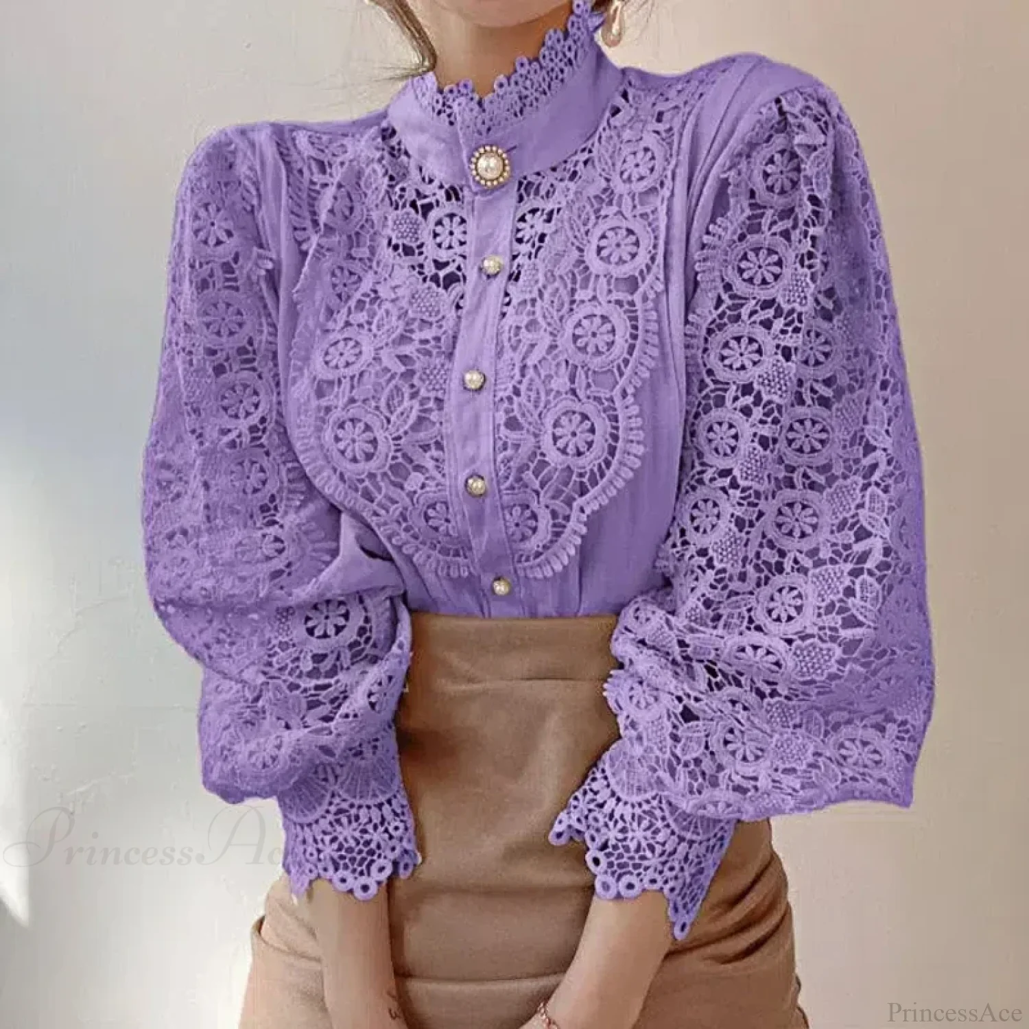 Flower Lace Patchwork Petal Sleeve Blouse - Image 8