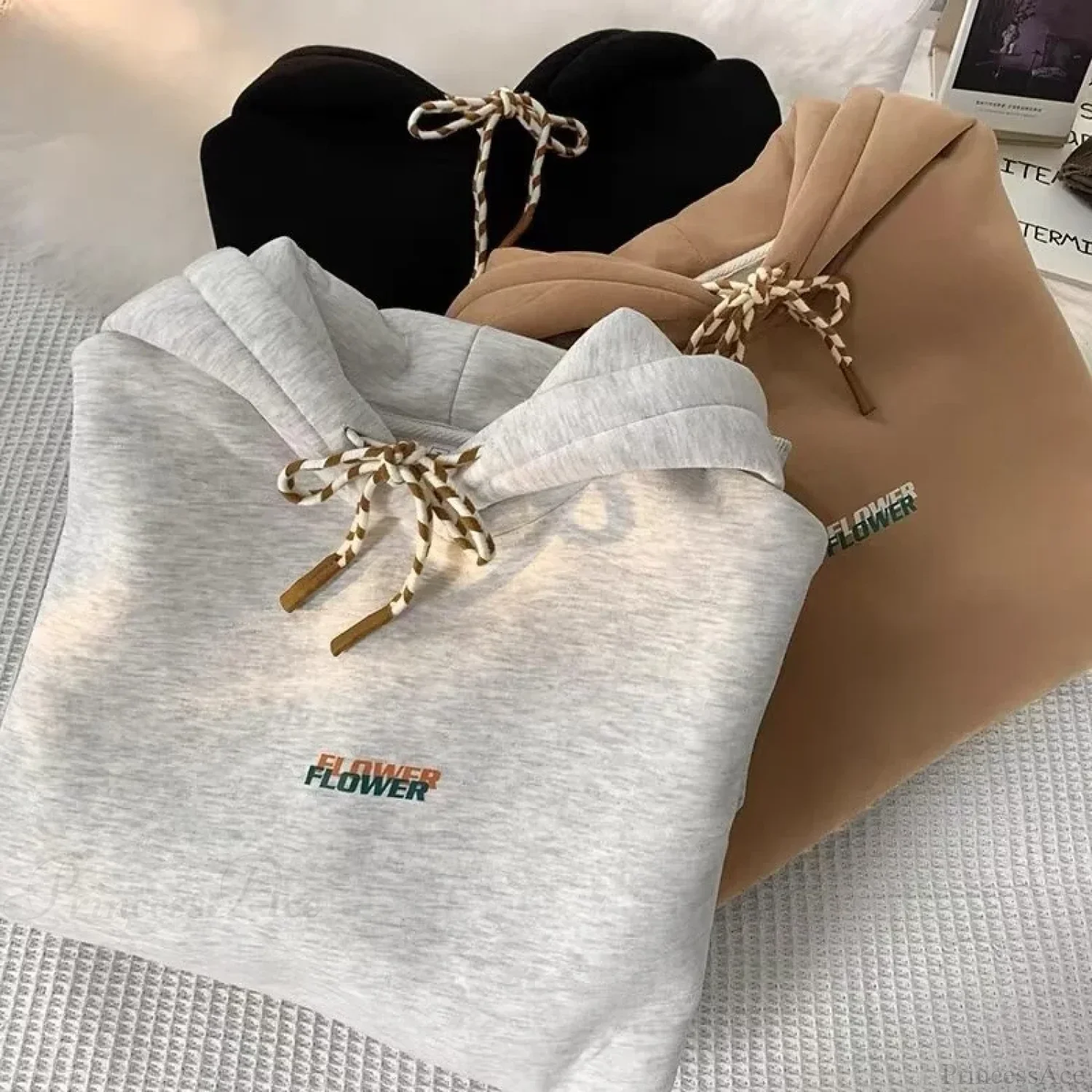 FLOWER Letter Print Y2K Fleece Hoodie - Image 3