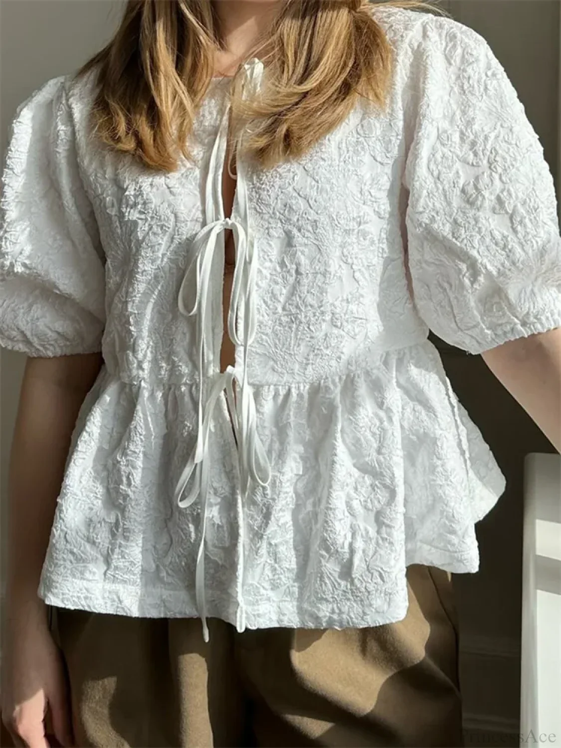Flower Ruched Front Tie-Up Blouse