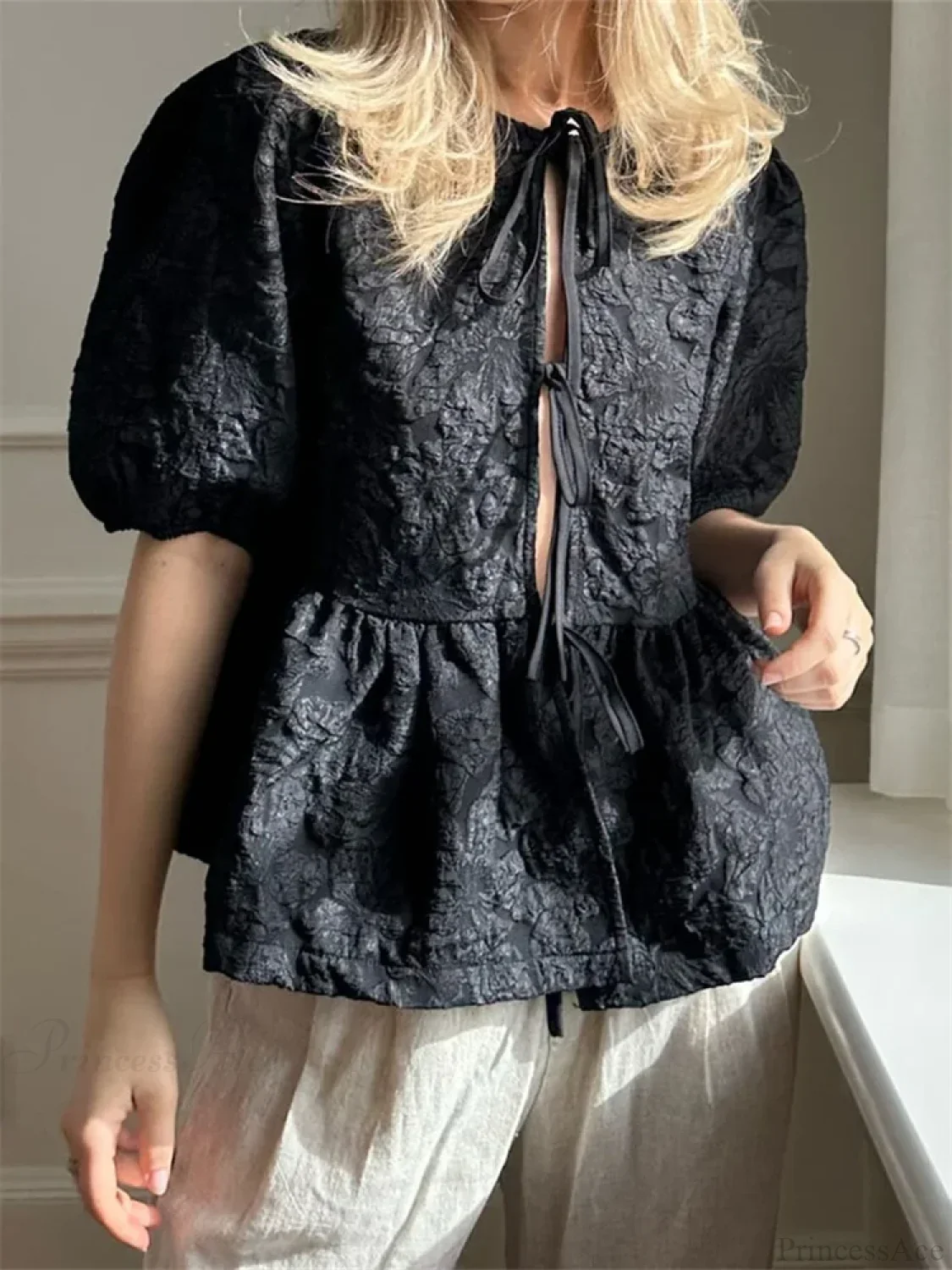Flower Ruched Front Tie-Up Blouse - Image 6