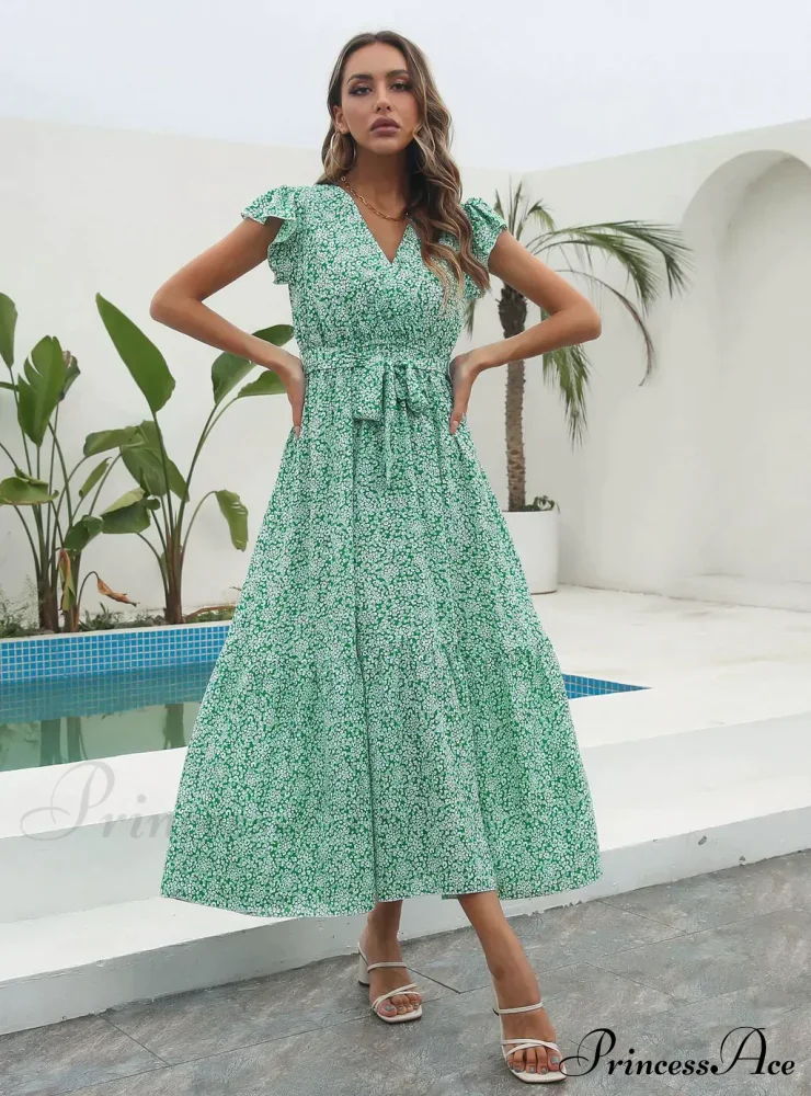 Flowered Brief Arm Chiffon V-Neck Patterned Dress