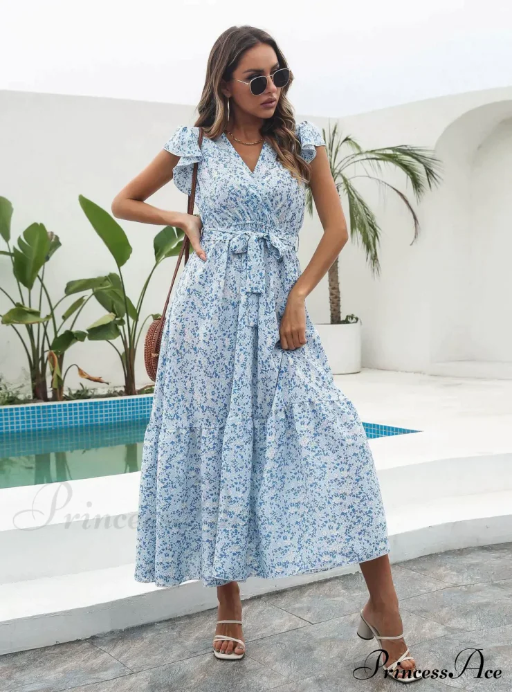 Flowered Brief Arm Chiffon V-Neck Patterned Dress - Image 3