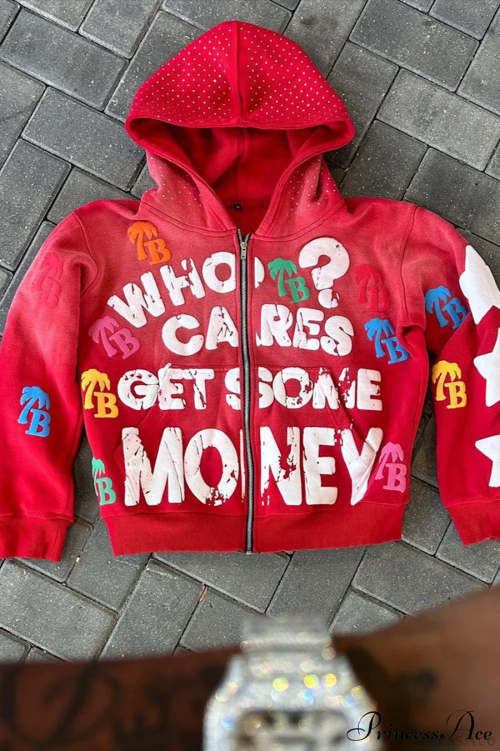 Foam Letter Print Hip-Hop Zip Hoodie - Image 7