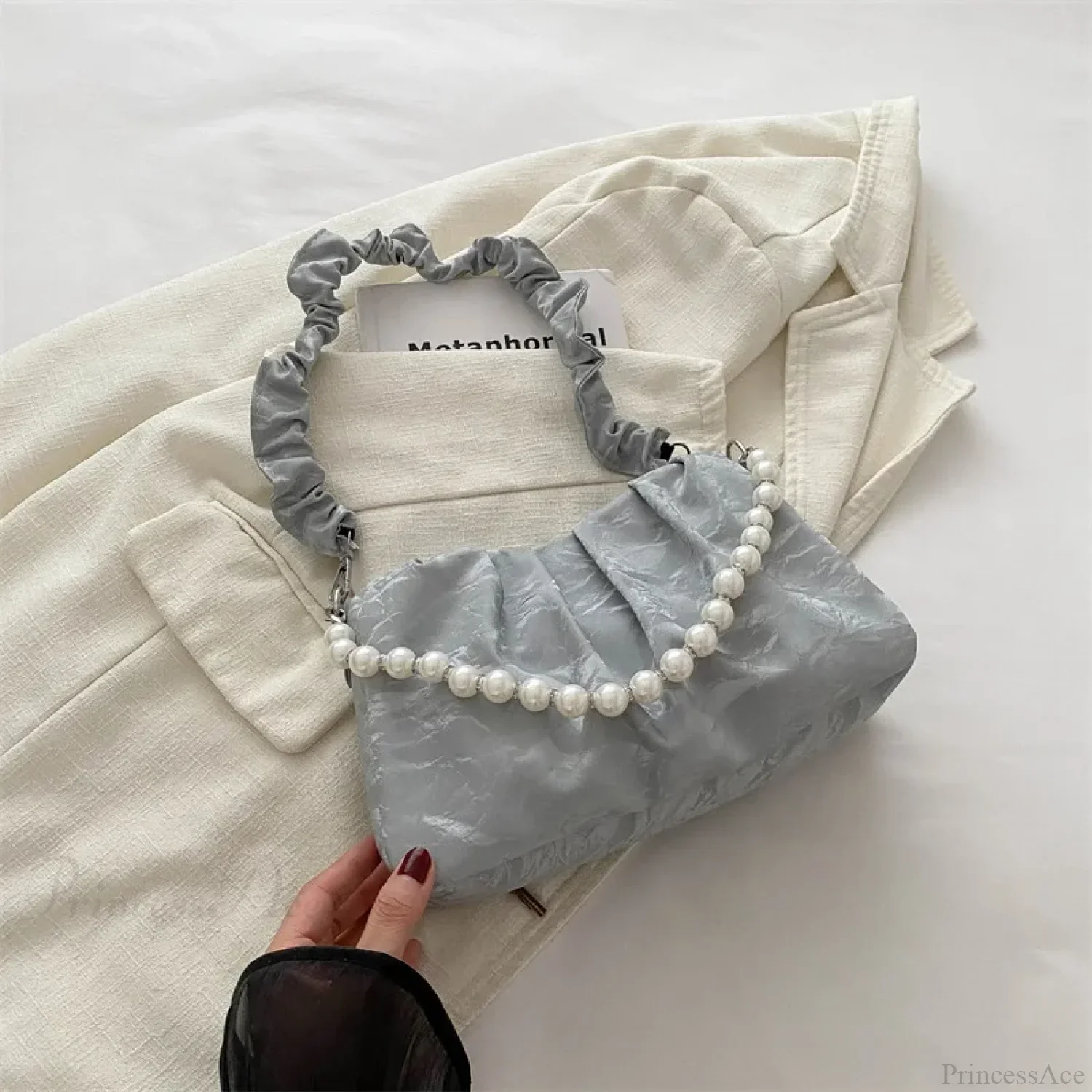 French Beaded Chain Pleated Underarm Crossbody Handbag - Image 10