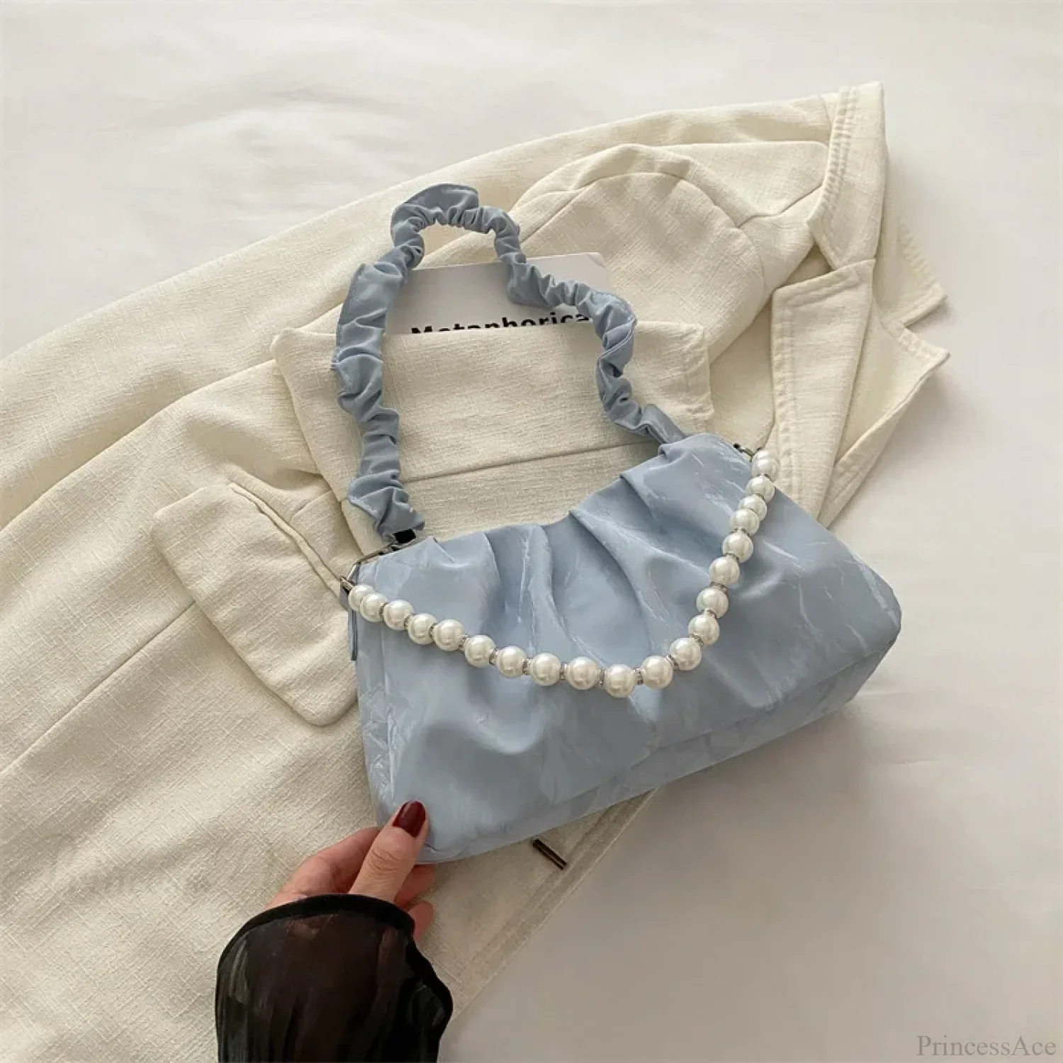 French Beaded Chain Pleated Underarm Crossbody Handbag - Image 8