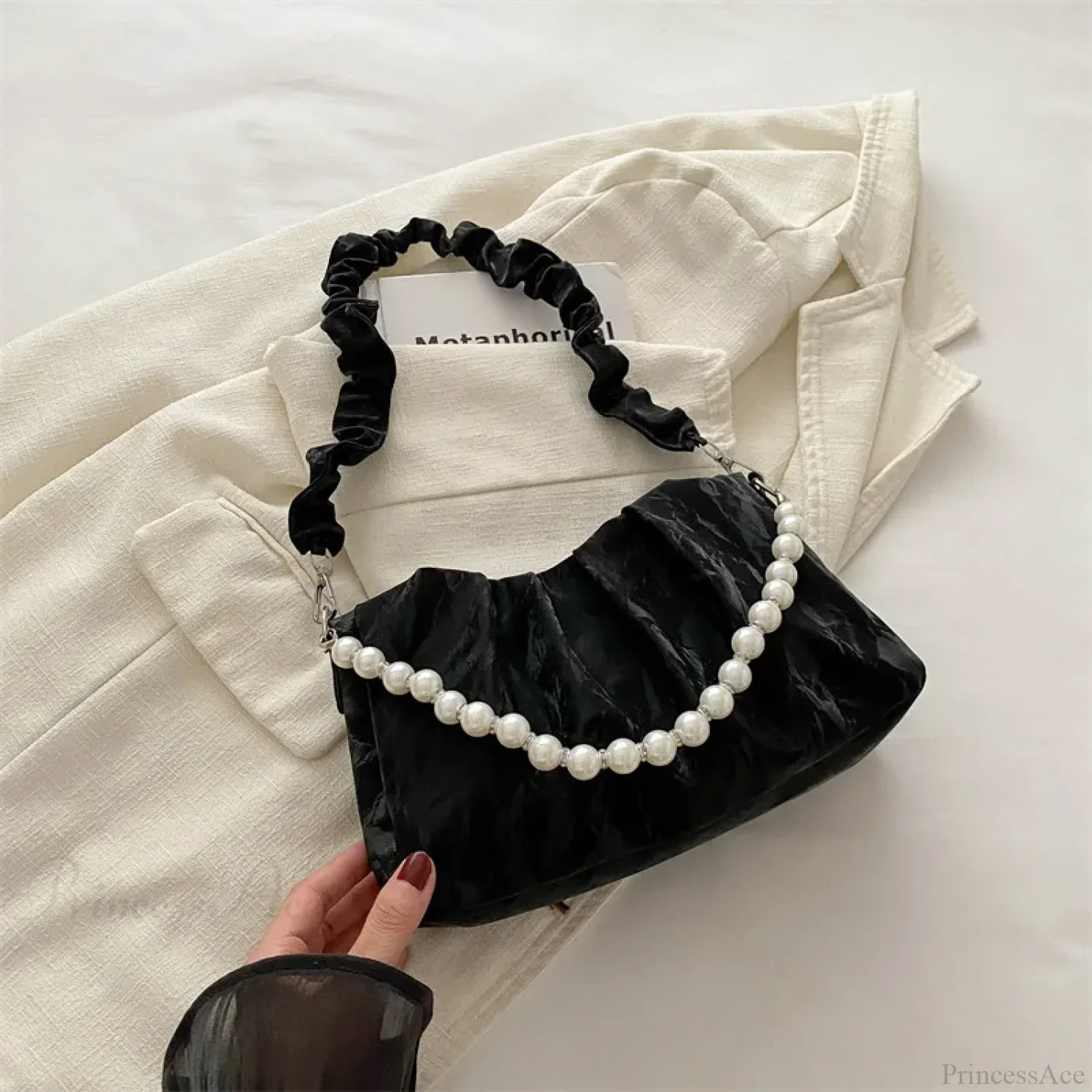 French Beaded Chain Pleated Underarm Crossbody Handbag - Image 9