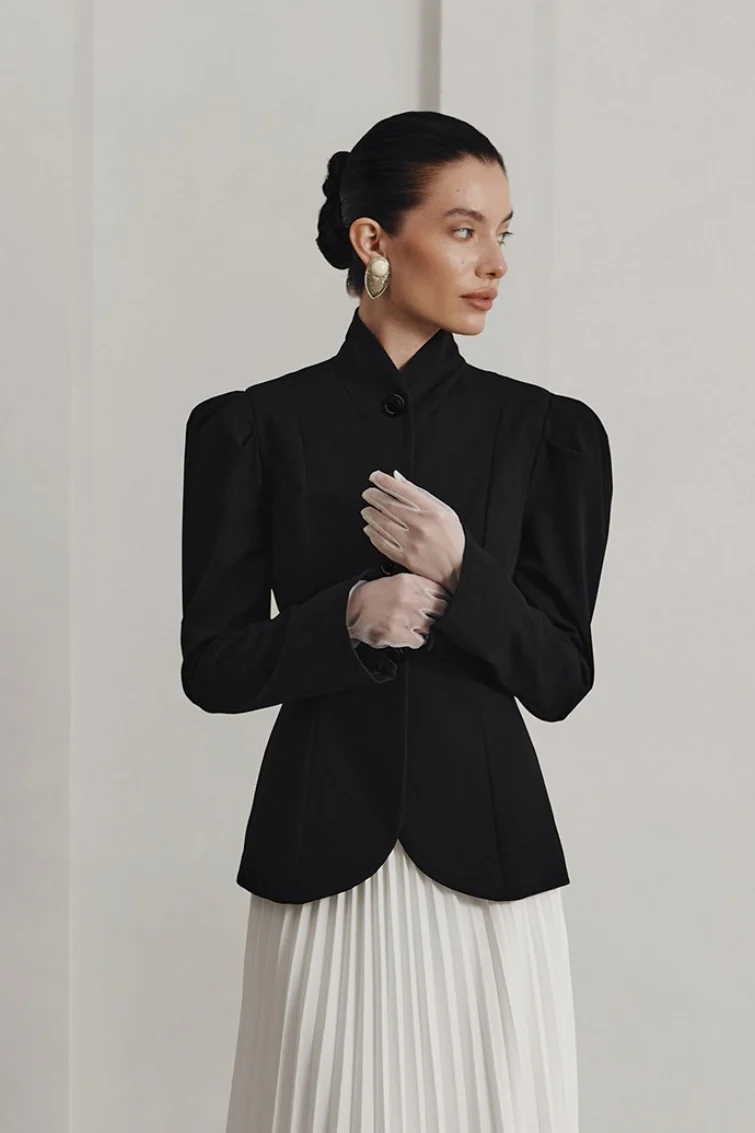 French Elegant Stand Collar Puff Sleeve Blazer - Image 2