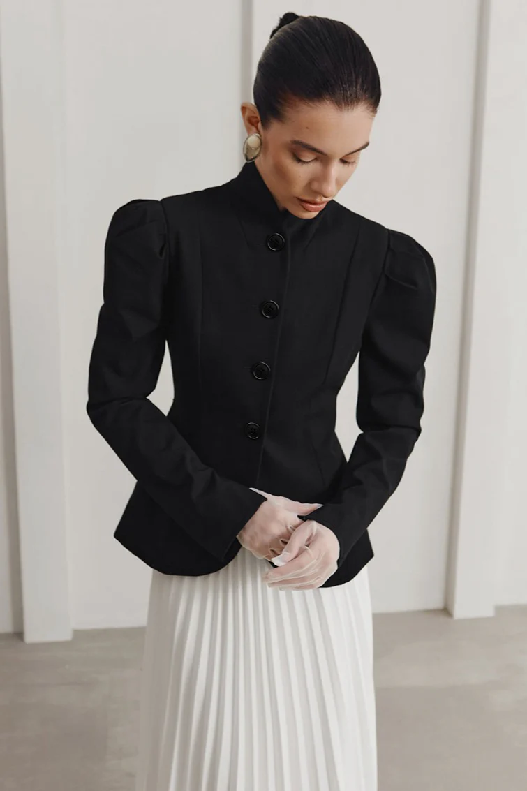 French Elegant Stand Collar Puff Sleeve Blazer - Image 6