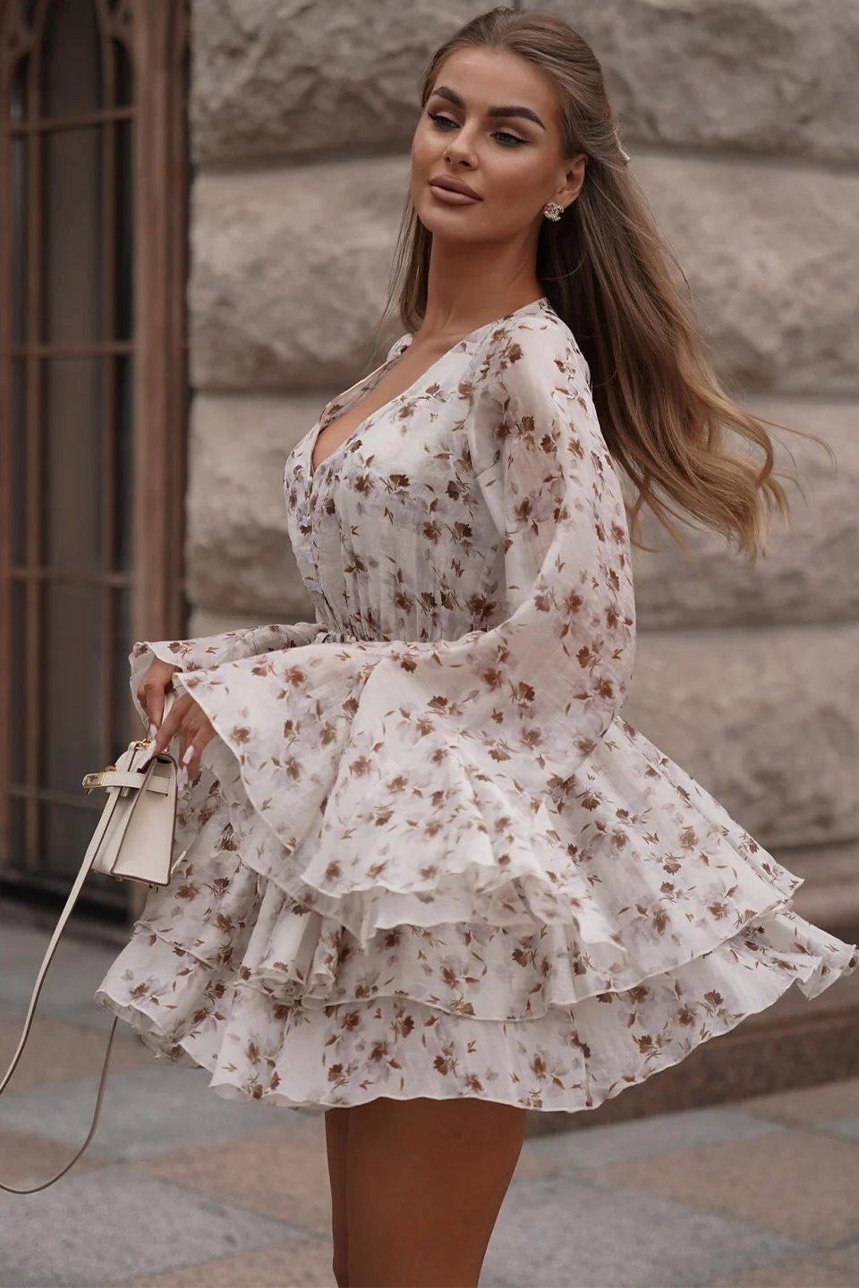 French Floral V-Neck Ruffled Mini Dress - Image 3