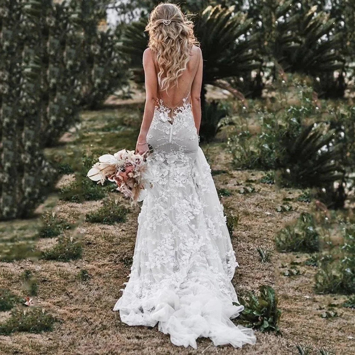 French Sheer Tulle Long Train Wedding Dress - Image 2