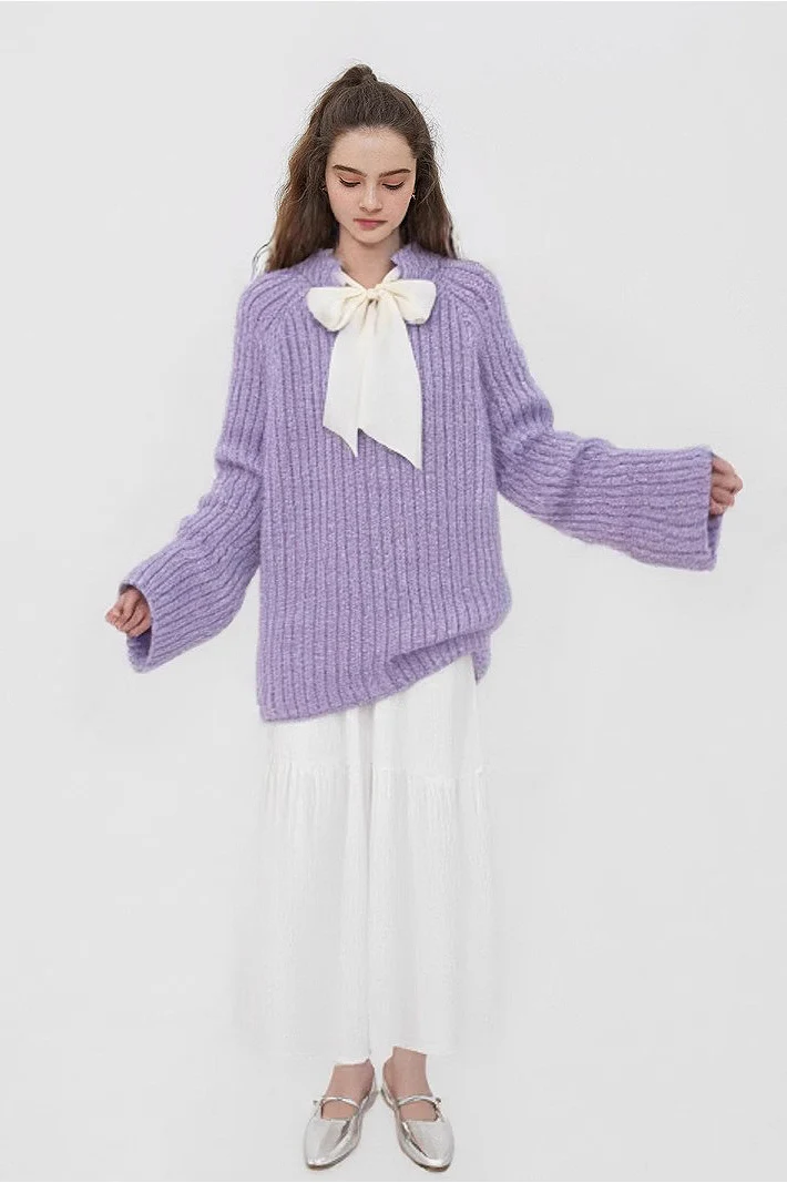 French-Style Bow Sequin Soft Luxe Lazy-Style Loose Knit Sweater - Image 2