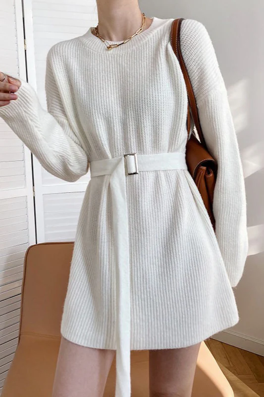 French Style Tie-Waist Knit Mini Dress - Image 10