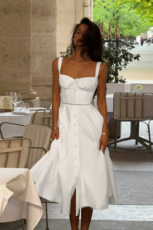 French U-Neck Drawstring Cutout Tie Cami Party Dress - Image 3