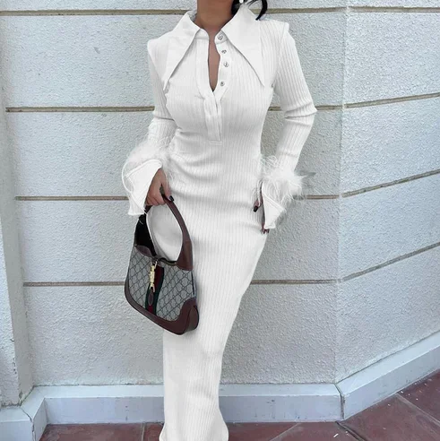 French Y2K Feather Polo Collar Party Dress - Image 6