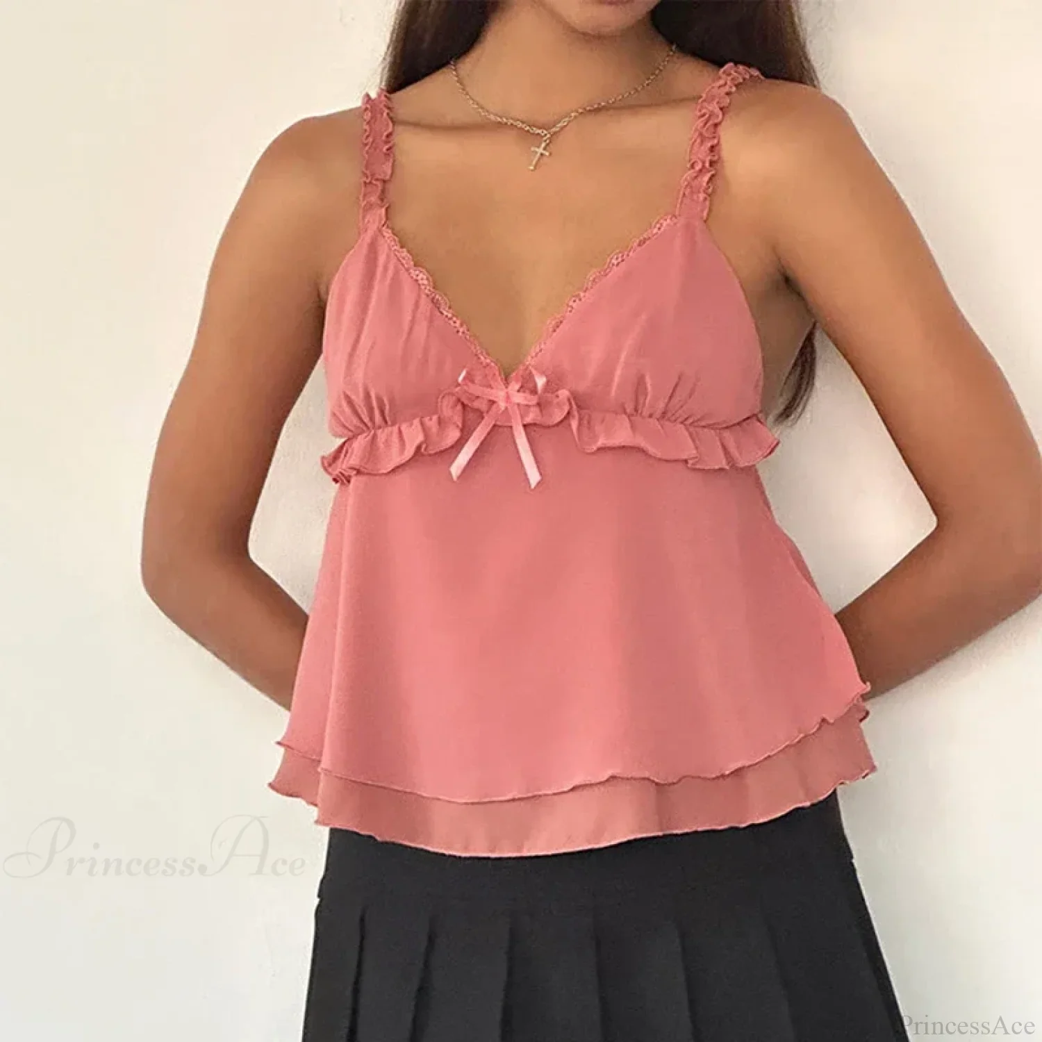 Frill Spaghetti Strap Chiffon Ruffled Crop Top - Image 3