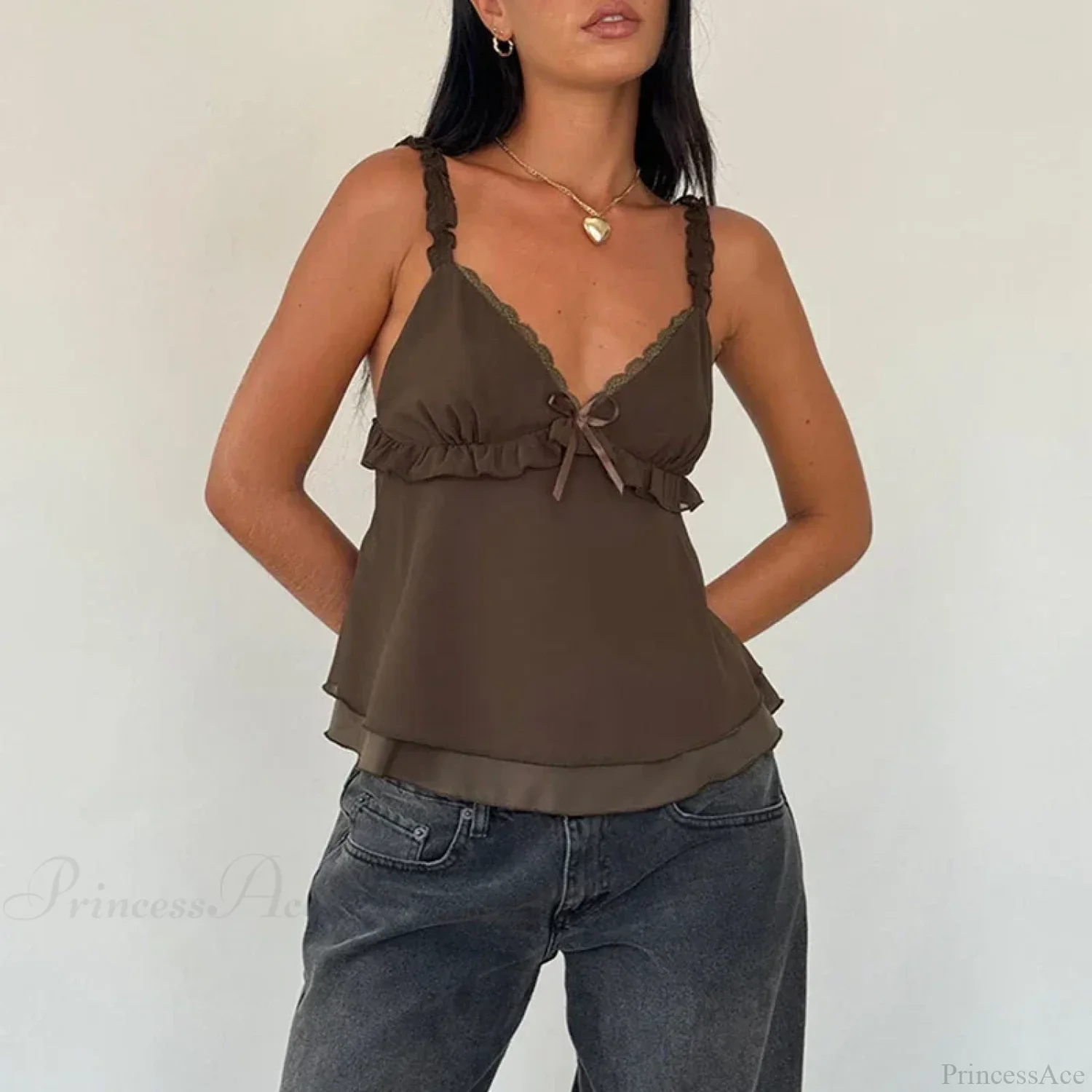 Frill Spaghetti Strap Chiffon Ruffled Crop Top - Image 4