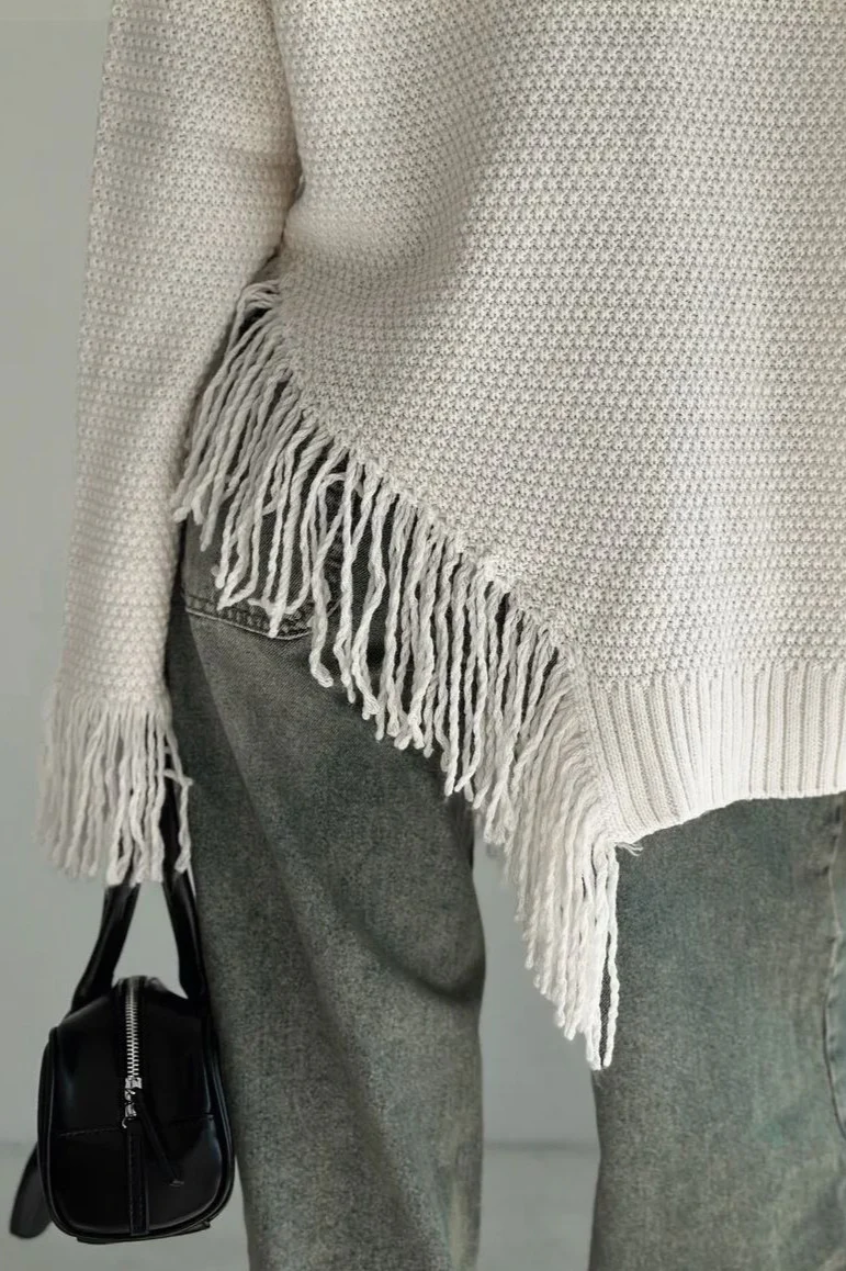 Fringe Round Neck Knit Asymmetric Blouse - Image 6