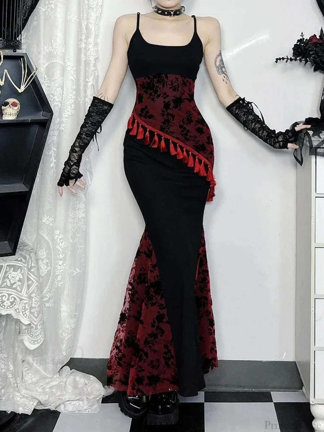 Fringe Spaghetti Strap Form-Fitting Maxi Dress