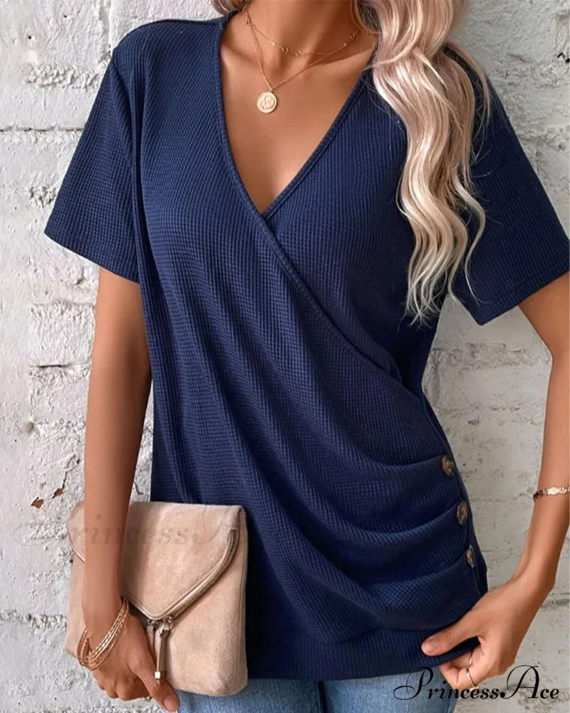 Front Cross Button Neck V T-Shirt