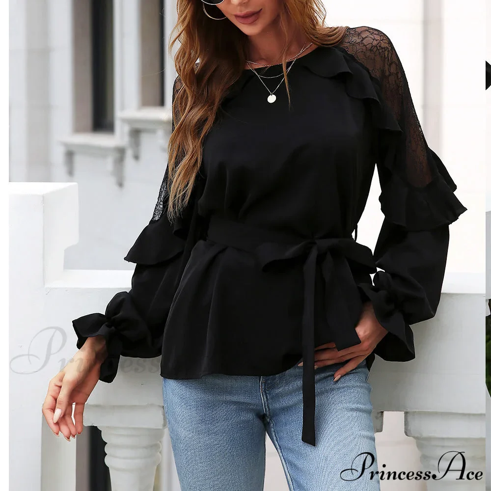 Front Lace Arm Flounce Cap Tie Blouse