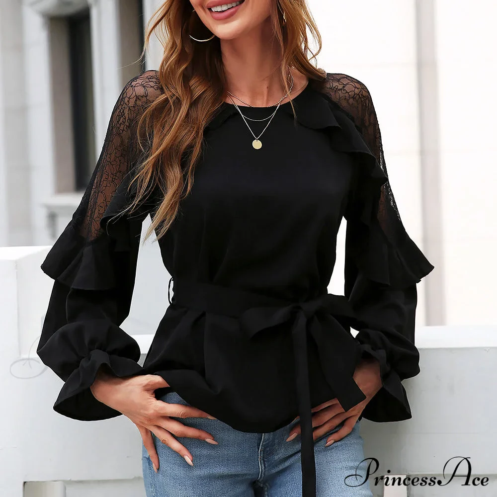 Front Lace Arm Flounce Cap Tie Blouse - Image 3