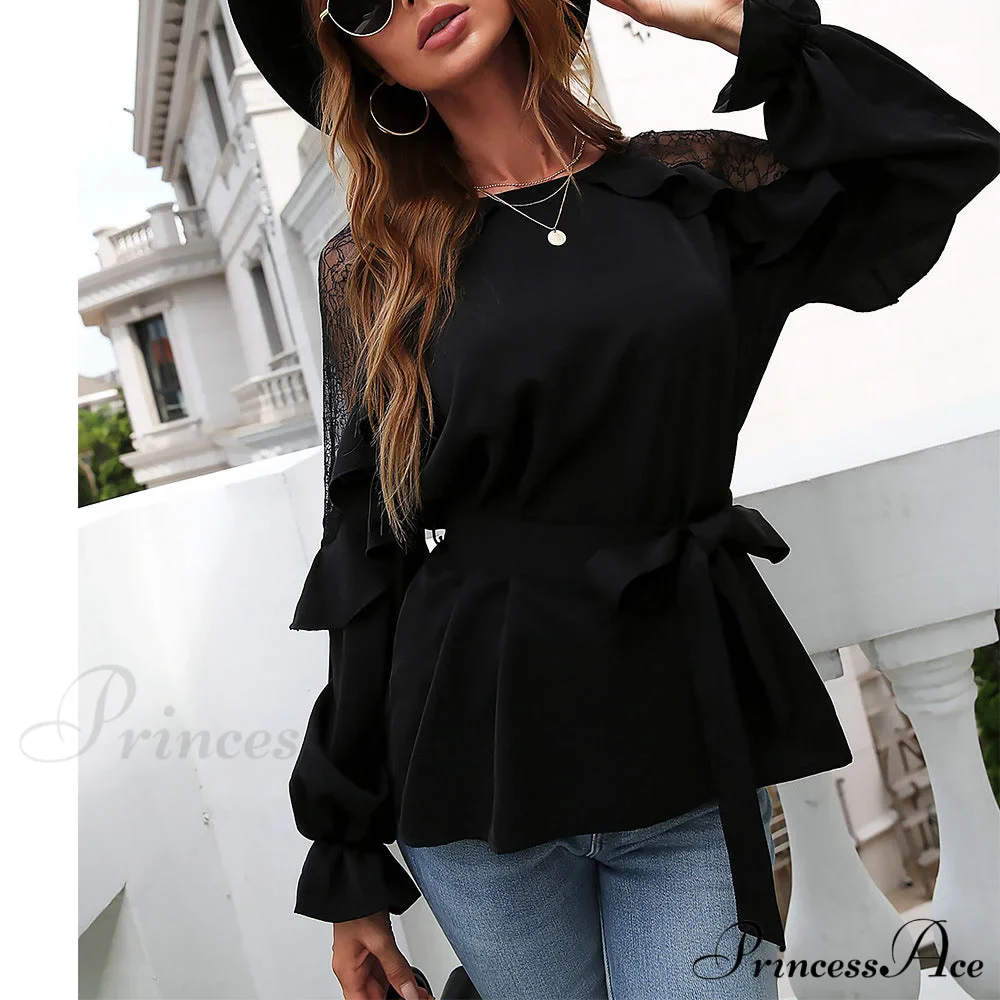 Front Lace Arm Flounce Cap Tie Blouse - Image 4